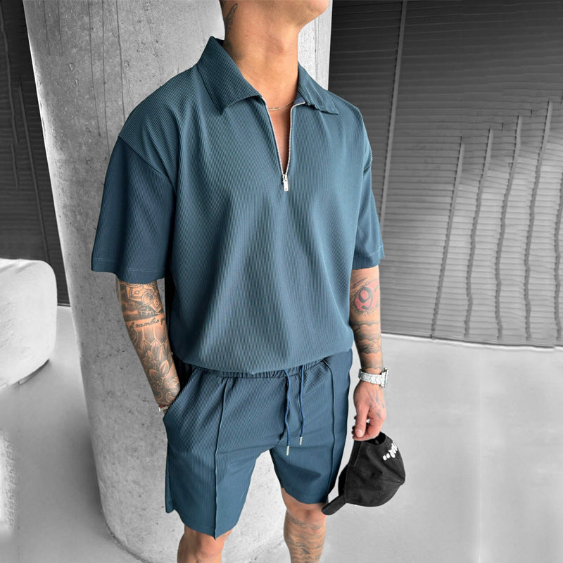 Summer Fashion Men's Short Sleeve Quarter Zip & Casual Shorts Set