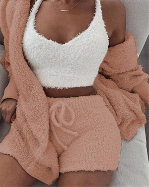 Long Sleeve Crop Top And Drawstring Shorts Pajama Set