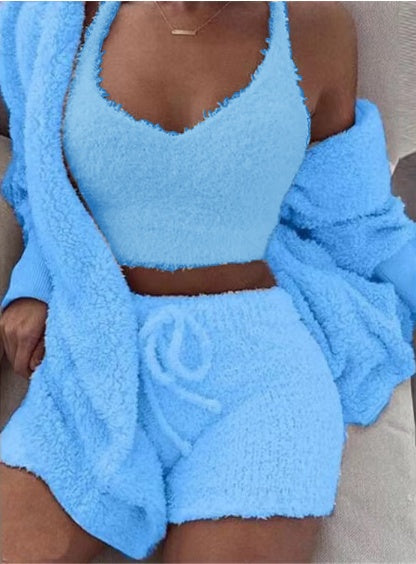 Long Sleeve Crop Top And Drawstring Shorts Pajama Set