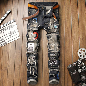 PatchEdge Distressed Jeans – Ripped Badge Patch Denim
