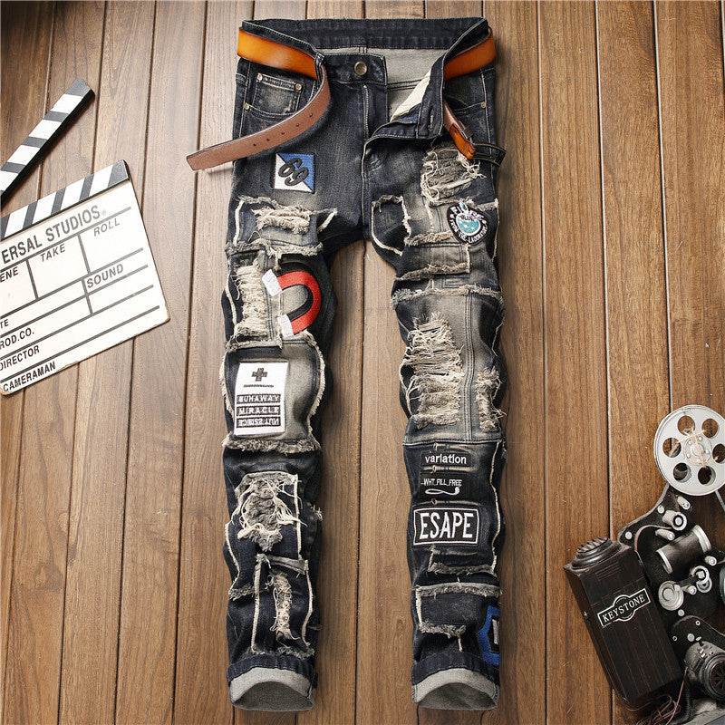 PatchEdge Distressed Jeans – Ripped Badge Patch Denim