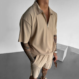 Summer Fashion Men's Short Sleeve Quarter Zip & Casual Shorts Set